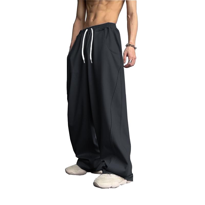 WZIKAI Men's Baggy Sweatpants Elastic Waist Drawstring Wide Leg Sweatpants Casual Loose Baggy Joggers with Pockets Black XXL - Image 2