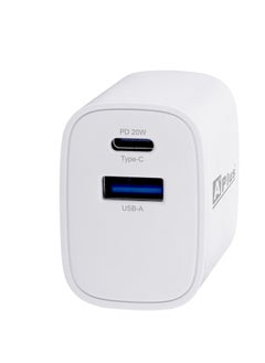 20W fast charger for iPhone and Samsung with dual USB-C and USB-A charging port, supports fast charging PD 2.0/3.0, QC 2.0/3.0, FCP, SCP, and supports BC1.2/Samsung 2A/Apple 2.4A charging mode.