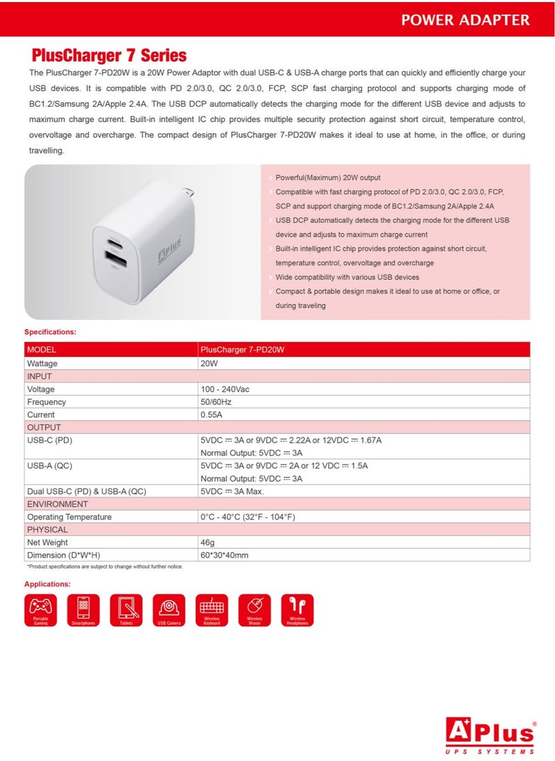 APLUS - 20W fast charger for iPhone and Samsung with dual USB-C and USB-A charging port, supports fast charging PD 2.0/3.0, QC 2.0/3.0, FCP, SCP, and supports BC1.2/Samsung 2A/Apple 2.4A charging mode. - Image 1