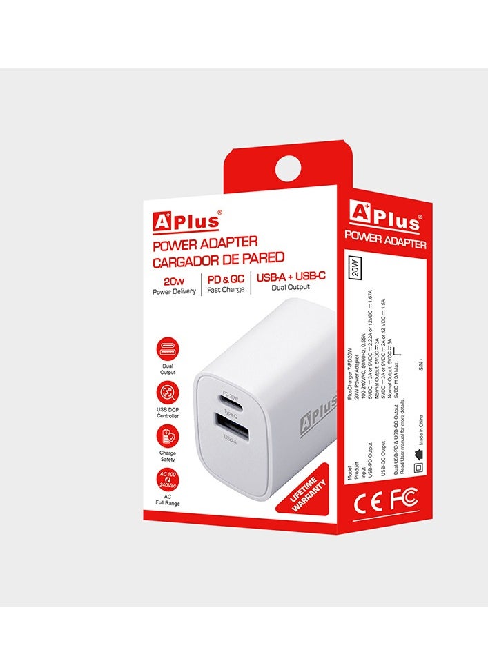 APLUS - 20W fast charger for iPhone and Samsung with dual USB-C and USB-A charging port, supports fast charging PD 2.0/3.0, QC 2.0/3.0, FCP, SCP, and supports BC1.2/Samsung 2A/Apple 2.4A charging mode. - Image 1