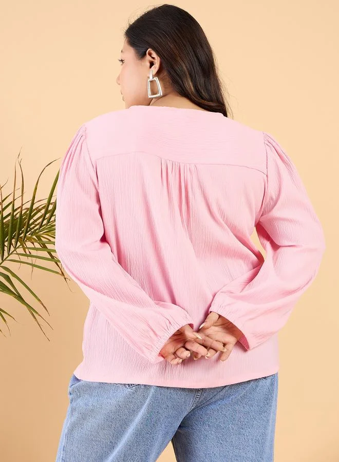 STREET 9 STREET 9 Plus Size Solid V-Neck Puff Sleeve Top