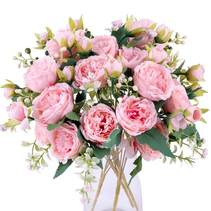 4 Bunches Peony Artificial Flowers Pink Flowers Silk Peonies Bouquets for Wedding Party Table Centerpieces Floral Arrangement Home Kitchen Decor