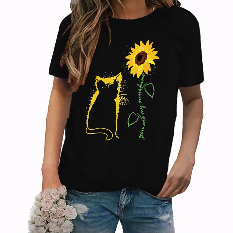 Wish Independent Station Cat Sunflower Pattern Printed Short Sleeve T-Shirt Women - Image 1