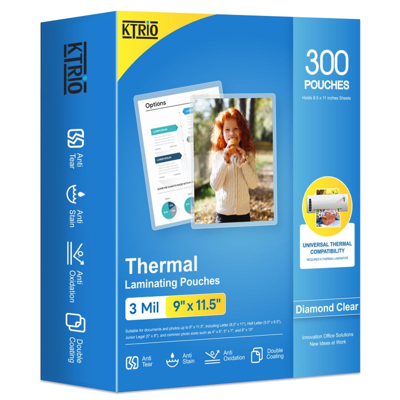 KTRIO 300 Pack Laminating Sheets, Hold 8.5 x 11 Inches, 3 MIL Thermal Laminating Pouches, 9 x 11.5 Laminate Sheets for Laminator, Clear Lamination Sheet Paper, Letter Size, Office School Home Supplies