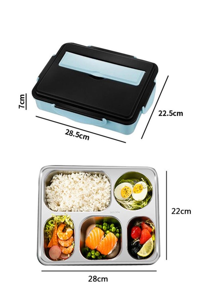 Golden - Stainless Steel Lunch Box Leakproof Bento Box 5 Compartments Lunch Container with Tableware & Insulation Bag for Kids Adults School and Office Hot Water and Microwave Heating (Blue) - Image 1
