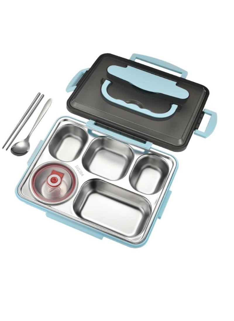 Golden - Stainless Steel Lunch Box Leakproof Bento Box 5 Compartments Lunch Container with Tableware & Insulation Bag for Kids Adults School and Office Hot Water and Microwave Heating (Blue) - Image 1