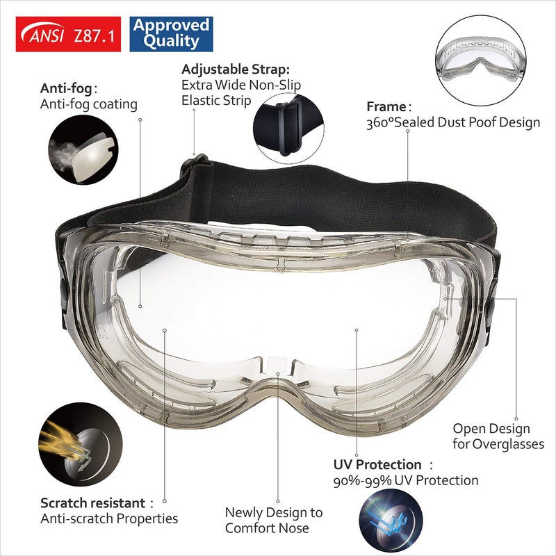 SAFEYEAR ANSI Z87 & EN 166 Anti Fog Safety Goggles Over Glasses for Men Women Anti-Scratch Work Goggles Eye Protection - Image 2