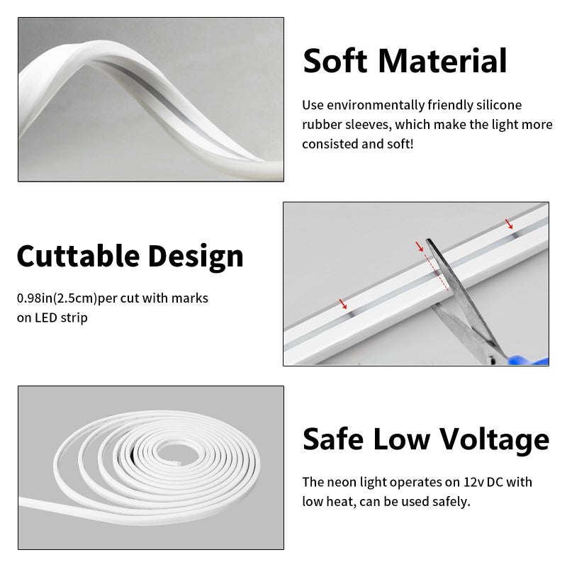 iNextStation 12V White LED Strip Lights 16.4FT, Flexible Silicone Neon Rope Light, Waterproof, Cuttable, Dimmable & Linkable, for Cabinet, Ceiling, Wall, Bedroom, Kitchen, Garage (No Adapter) - Image 5