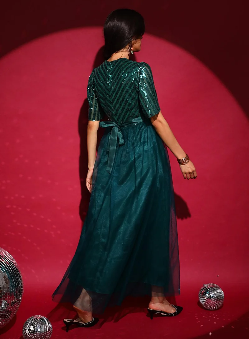Pinacolada  Women's Emerald Green Sequin Block Maxi Dress for Women | Best Price UAE