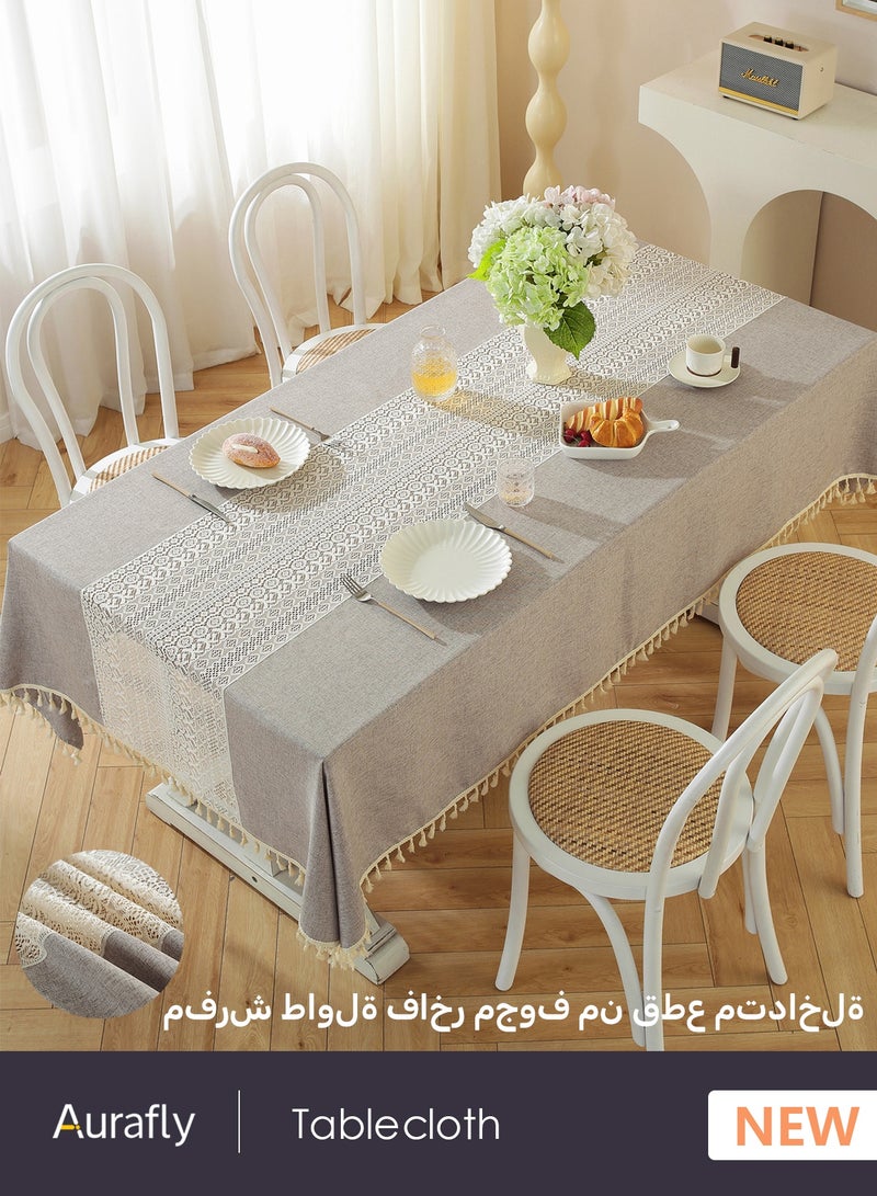 أورافلي مفرش طاولة دانتيل متداخل 140 × 180 سم، مفرش طاولة مستطيل من القطن والكتان مع شرابات، مقاوم للتجاعيد، سميك ومتين، يخلق جوًا دافئًا لتناول الطعام، مناسب لطاولات الطعام العائلية والحفلات وحفلات الزفاف وتزيين الطاولات الاحتفالية. - Image 1