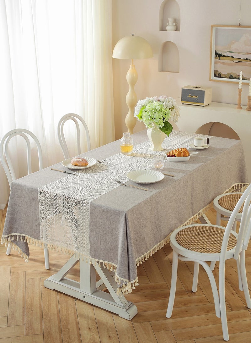أورافلي مفرش طاولة دانتيل متداخل 140 × 180 سم، مفرش طاولة مستطيل من القطن والكتان مع شرابات، مقاوم للتجاعيد، سميك ومتين، يخلق جوًا دافئًا لتناول الطعام، مناسب لطاولات الطعام العائلية والحفلات وحفلات الزفاف وتزيين الطاولات الاحتفالية. - Image 3
