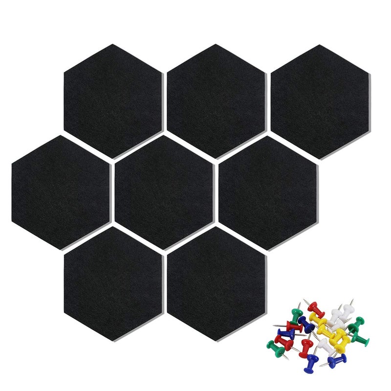Uoisaiko Felt Hexagon Bulletin Board with 20 Push Pins, Pack of 8 Notice Boards for Home Office Kitchen, Push Pin Board Felt Wall Tiles for Photos Memos - Image 1