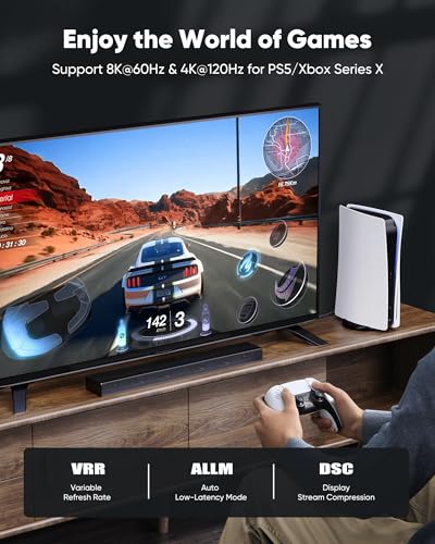 Capshi 6.6ft 8K 4K@120Hz HDMI Cable 2.1, 48Gbps High Speed Cord for PS5/4, TV, Gaming Console, Monitor, 8K@60Hz, 2K@240Hz, 144Hz, Support HDR, eARC, DTS:X, HDCP 2.2 & 2.3, Braided, Grey - Image 3