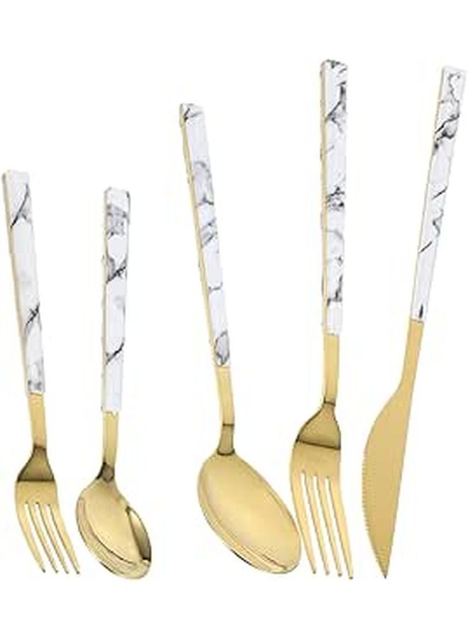 Gold Marble Stainless Steel Cutlery Set 5pcs Knife Fork Spoon Home Restaurant Dining - Image 1