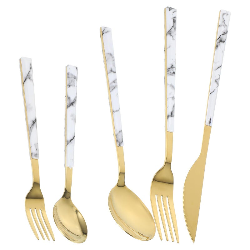 Gold Marble Stainless Steel Cutlery Set 5pcs Knife Fork Spoon Home Restaurant Dining - Image 2