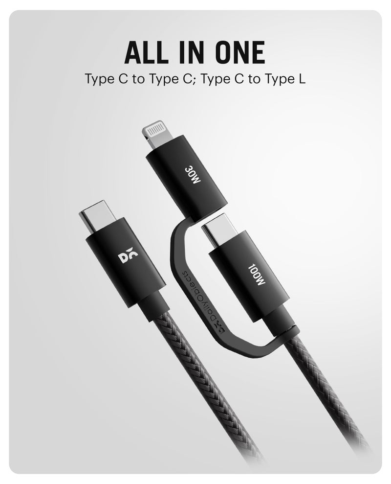 DailyObjects SURGE Kevlar Core 2-in-1 100W Mfi-Certified Charging Cable|Type-C Lightning|Fast,480Mbps Data Transfer,Data Sync|Compatible with Android & iOS Smartphones,Tablet/Ipads,Macbook,Black - Image 2