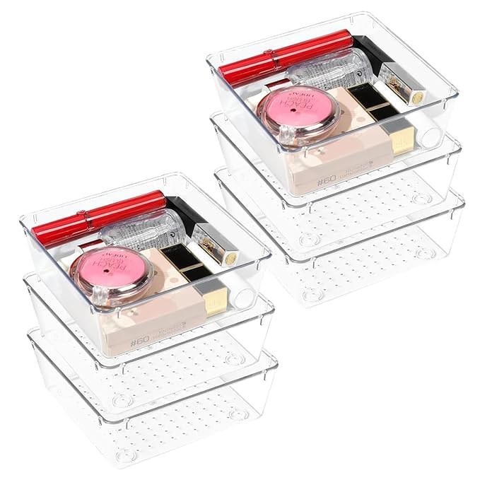 Kaito Drawer Organizer 6 Pack Large Clear Plastic Kitchen Organizers Set Square Versatile Bathroom and Vanity Drawer Organizer Trays Storage Bins for Makeup Bedroom Kitchen Utensils - Image 1