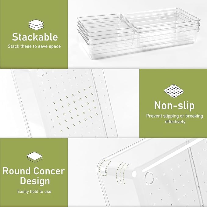 Kaito Drawer Organizer 6 Pack Large Clear Plastic Kitchen Organizers Set Square Versatile Bathroom and Vanity Drawer Organizer Trays Storage Bins for Makeup Bedroom Kitchen Utensils - Image 2