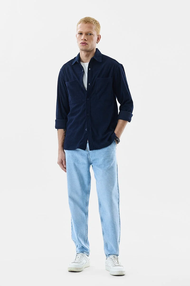 SNITCH Navy Blue Textured Long Sleeve Regular Fit Shirt