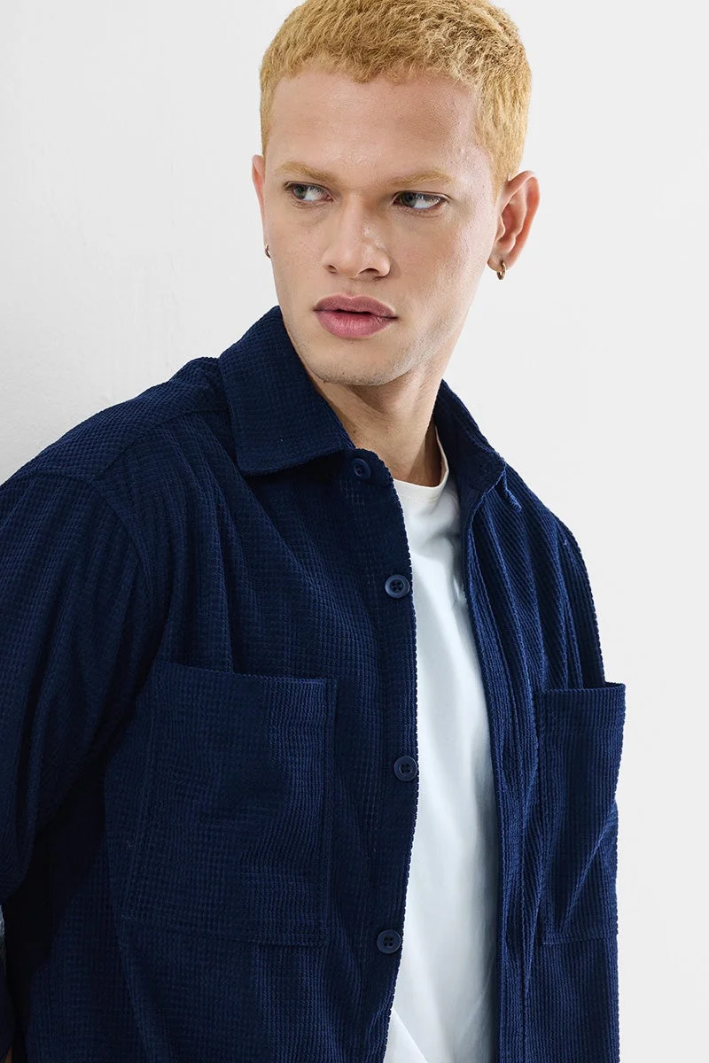 SNITCH Navy Blue Textured Long Sleeve Regular Fit Shirt