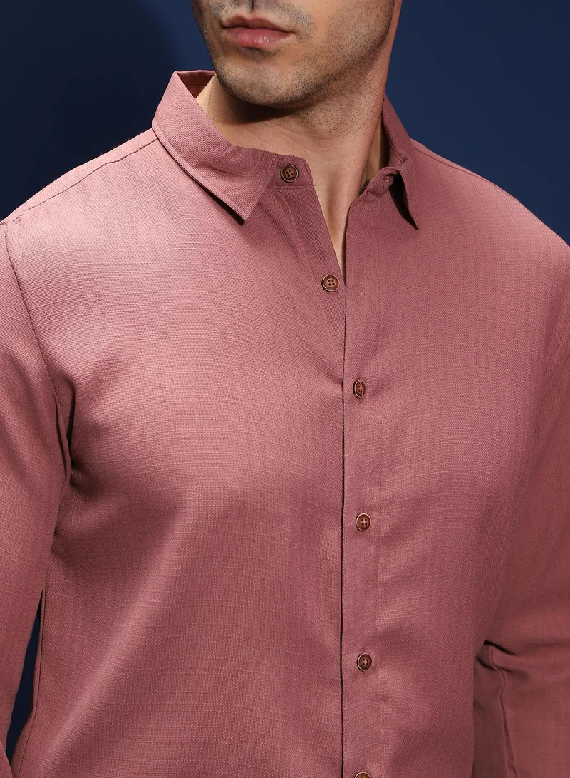 CAHOOT  Men's Peach Pink Solid-Woven Regular Shirt for Men | Best Price UAE