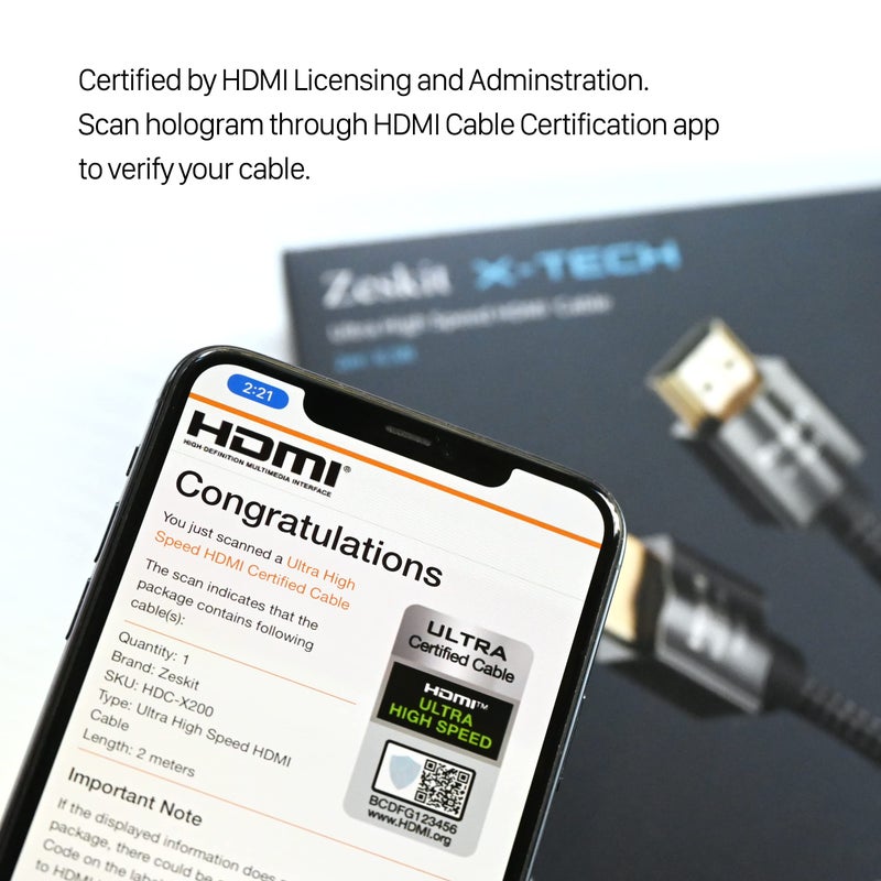 Zeskit كابل HDMI فائق السرعة Zeskit X-Tech بسرعة 48Gbps بطول 8 أقدام، 8K60 4K120 144Hz eARC HDR HDCP 2.2 2.3 متوافق مع Dolby Vision Apple TV 4K Roku Sony LG Samsung Xbox Series X RTX 3080 PS4 PS5 - Image 2