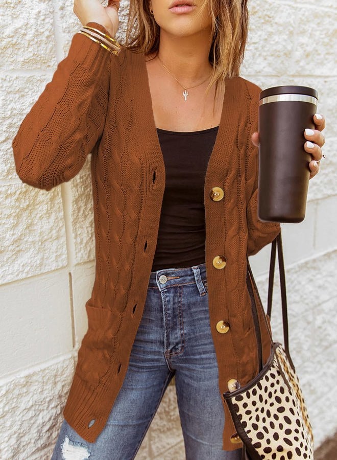 Sidefeel Cardigan Sweaters for Women Plaid Long Sleeve Open Front Chunky Knit Loose Sweaters Winter Coats Brown Medium - Image 3