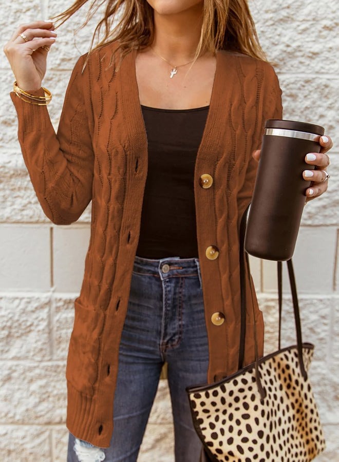 Sidefeel Cardigan Sweaters for Women Plaid Long Sleeve Open Front Chunky Knit Loose Sweaters Winter Coats Brown Medium - Image 2