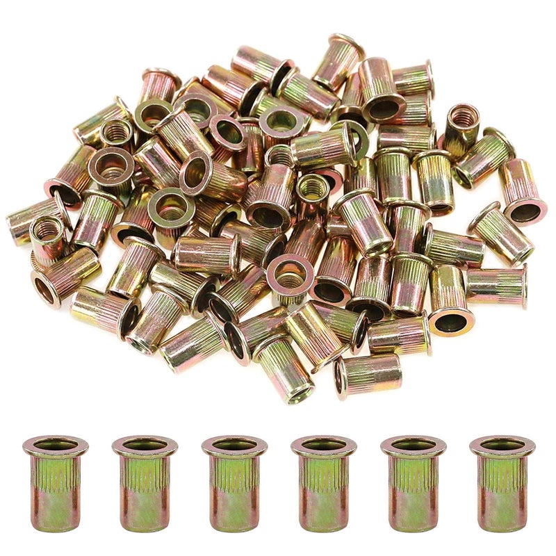 Glarks 100Pcs 5/16"-18UNC Zinc Plated Carbon Steel Rivet Nut Flat Head Rivnut Threaded Insert Nuts Set (5/16"-18UNC) - Image 1