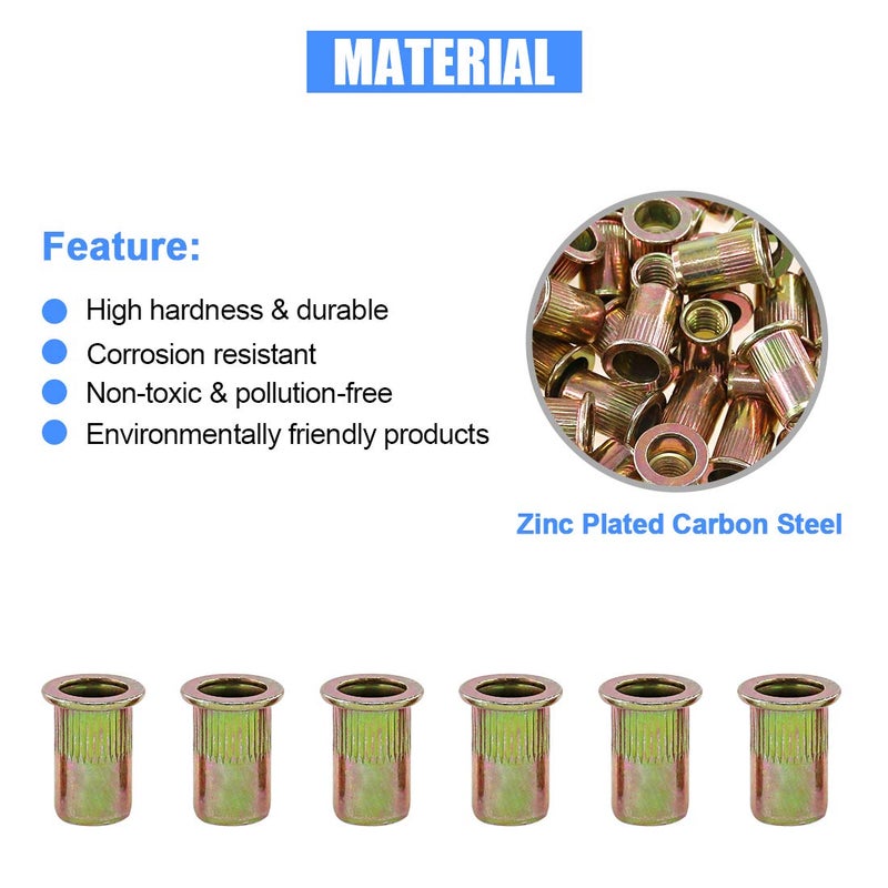Glarks 100Pcs 5/16"-18UNC Zinc Plated Carbon Steel Rivet Nut Flat Head Rivnut Threaded Insert Nuts Set (5/16"-18UNC) - Image 4