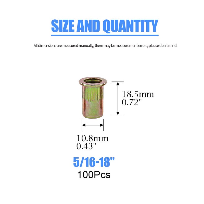 Glarks 100Pcs 5/16"-18UNC Zinc Plated Carbon Steel Rivet Nut Flat Head Rivnut Threaded Insert Nuts Set (5/16"-18UNC) - Image 2