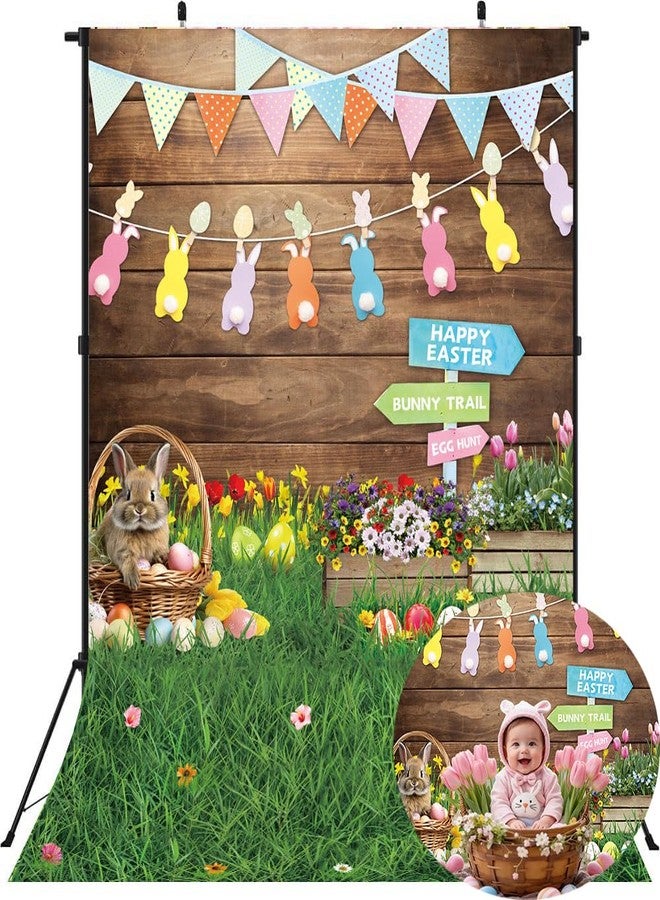 CINRAY Easter Backdrops for Photography 5x7FT Spring Flower Rabbit Egg Green Grass Wooden Wall Background Kids Newborn Easter Party Decorations Portrait Photo Props - Image 1