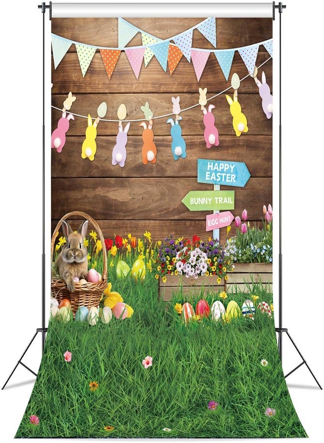 CINRAY Easter Backdrops for Photography 5x7FT Spring Flower Rabbit Egg Green Grass Wooden Wall Background Kids Newborn Easter Party Decorations Portrait Photo Props - Image 2