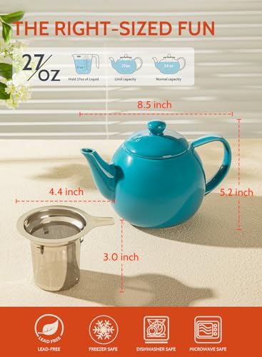 Sweese Teapot, Porcelain Tea Pot with Stainless Steel Infuser, Blooming & Loose Leaf Teapot - 27ounce, Steel Blue - Image 3