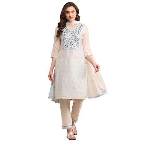 Biba بيبا نساء تطريز ضيق سالوار كورتا دوباتا (SKD7402E_أوف وايت_40) - Image 1