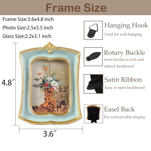 Kangce Vintage Picture Frame 2.5x3.5 Antique Ornate Photo Frame Tabletop and Wall Hanging, Decorative Retro Design Home Decor, Old-Fashioned Photo Gallery Art, Sage Green - Image 4