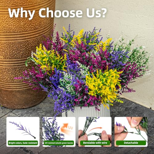 CLEANGOR 8 Bundles Artificial Flowers for Outdoors, Lavender Flowers Artificial, UV Resistant Artificial Outdoor Plants, for Spring Summer Garden, Porch, Patio, Window Box, Home Decoration (4 Color) - Image 3