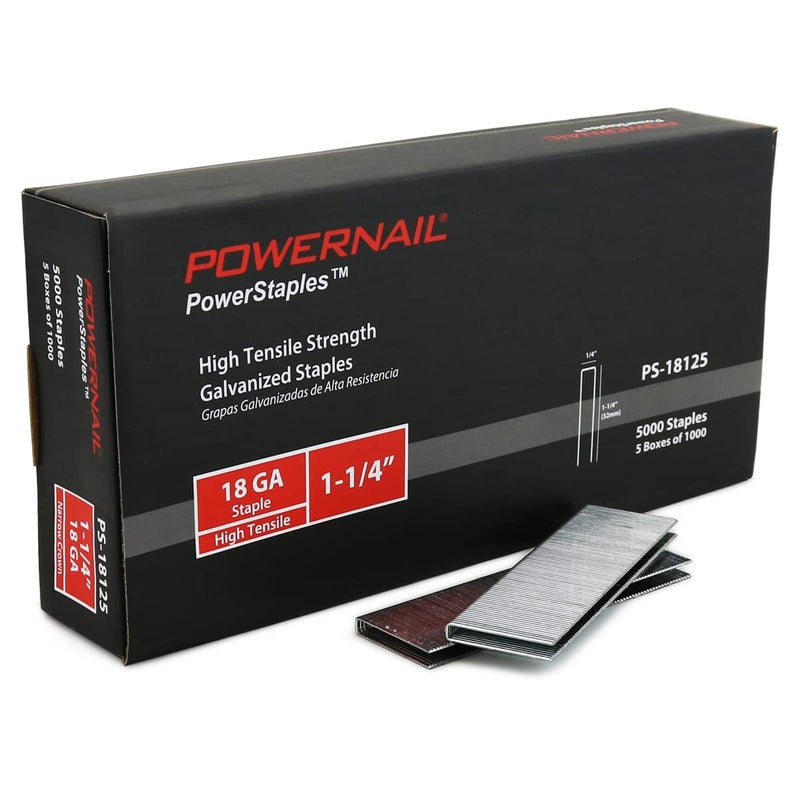 Powernail PS18125 18 Gauge 1/4 Inch Narrow Crown Staples, 1-1/4 Inch Length Heavy Duty Galvanized Chisel Point Staples for Electric or Pneumatic Narrow Crown Stapler Guns (Box of 5,000) - Image 1
