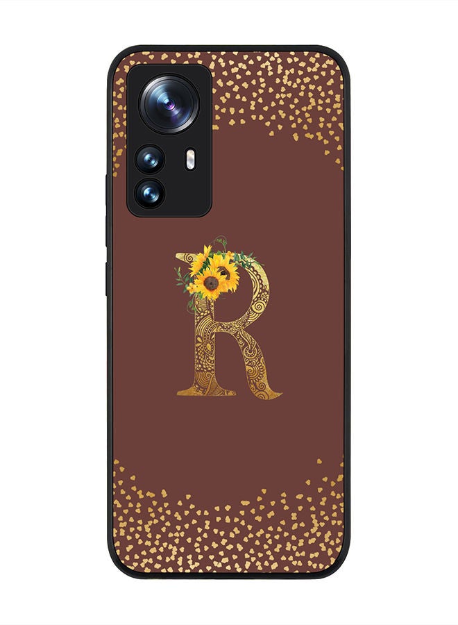 Stylizedd Rugged Black edge case for Xiaomi 12 Pro Slim fit Soft Case Flexible Rubber Edges Anti Drop TPU Gel Thin Cover - Custom Monogram Initial Letter Floral Pattern Alphabet - R (Brown ) - Image 1