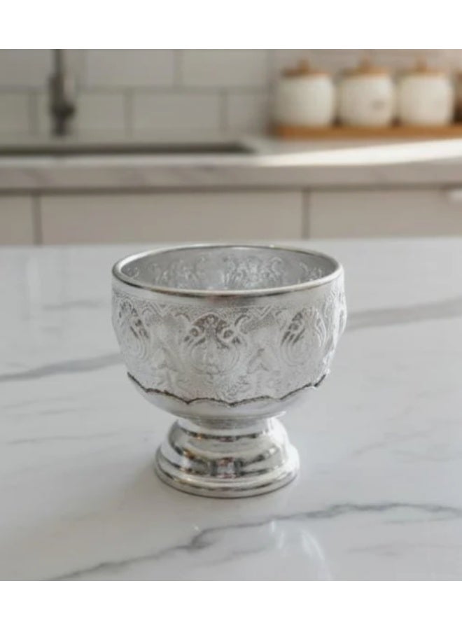AKDC Aluminium Bowl with Stand – Unique Silver Design | 8 cm Elegant Home Decor Piece - Image 1