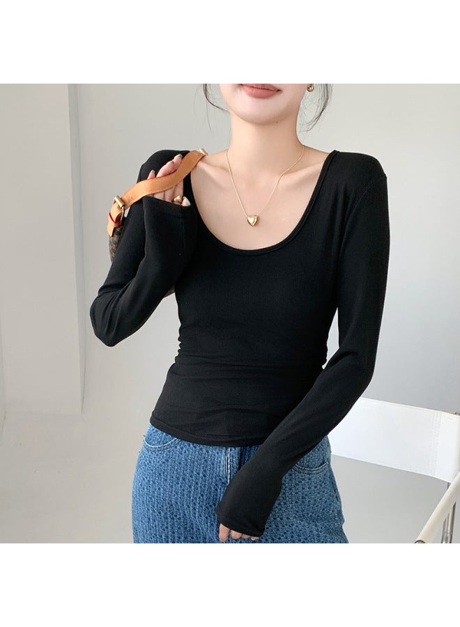 H257 Customized Coconut Velvet Large U-neck Bottoming Shirt With T-shirt Long-sleeved Autumn And Winter Brushed Waist Slim Fit Covering The Flesh Pleats