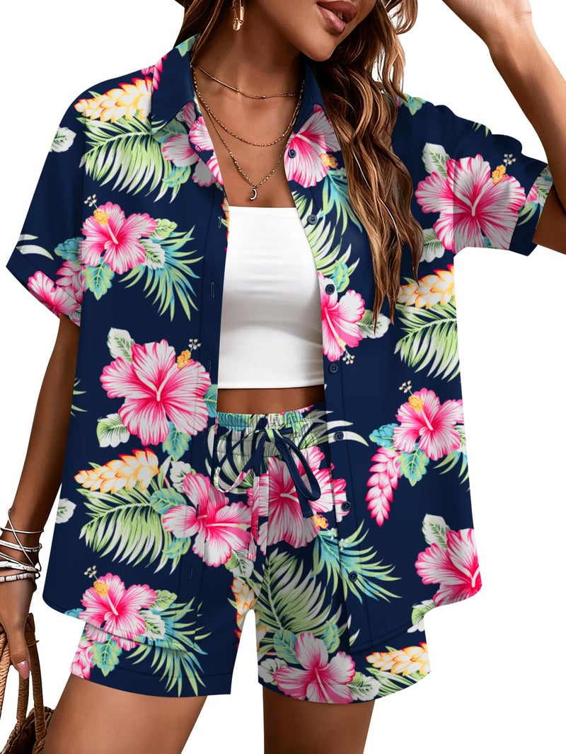 LOMON Women's 2 Piece Hawaiian Vacation Outfits Tropical Print Short Sleeve Shirts and Shorts Beach Sets Resort Wear - Image 1