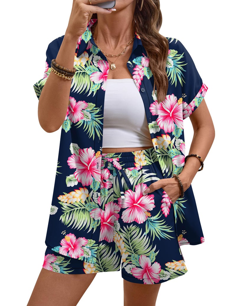 LOMON Women's 2 Piece Hawaiian Vacation Outfits Tropical Print Short Sleeve Shirts and Shorts Beach Sets Resort Wear - Image 2
