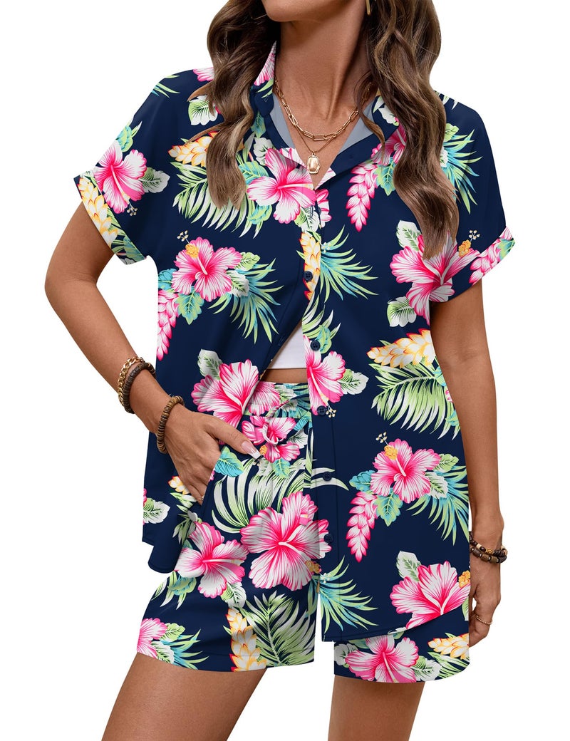 LOMON Women's 2 Piece Hawaiian Vacation Outfits Tropical Print Short Sleeve Shirts and Shorts Beach Sets Resort Wear - Image 3