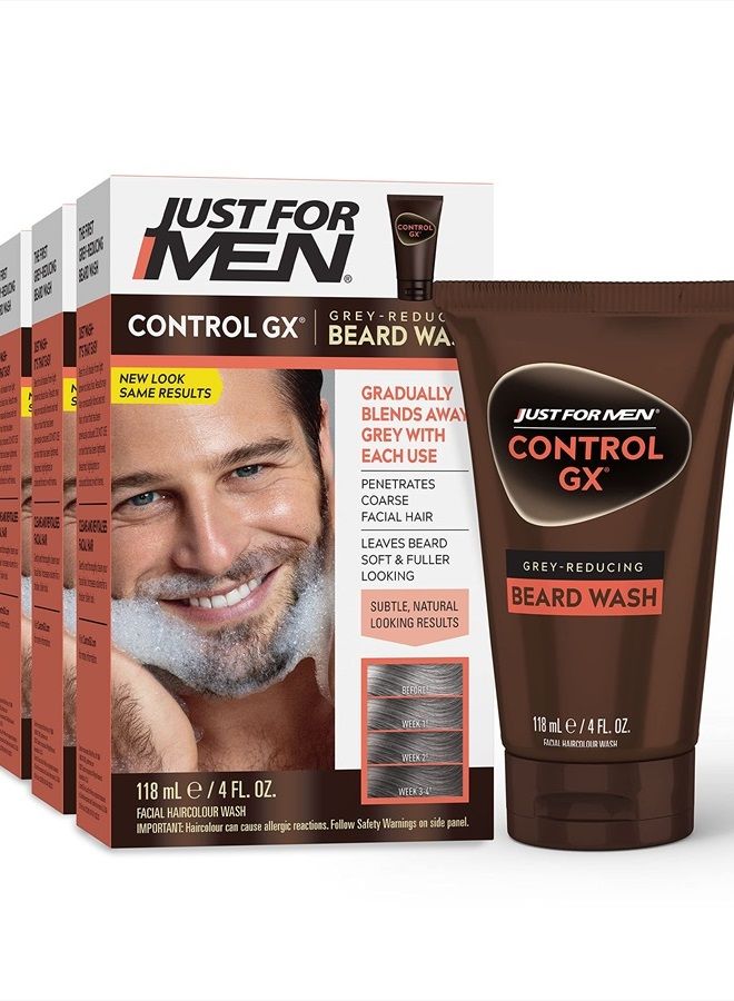 Just For Men شامبو غسول اللحية Just For Men Control GX Grey Reducing Beard Wash، يصبغ الشارب واللحية تدريجيًا، ويترك شعر الوجه أكثر نعومة وكثافة، 4 أونصة سائلة - عبوة من 3 قطع (قد تختلف العبوة) - Image 1