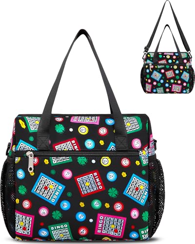 FOKDUVB Bingo Bag for Daubers Dabbers Dobbers Dotters Water Resistant Bingo Accessories Bag with Pockets for Adults Seniors BlackGreen - Image 1