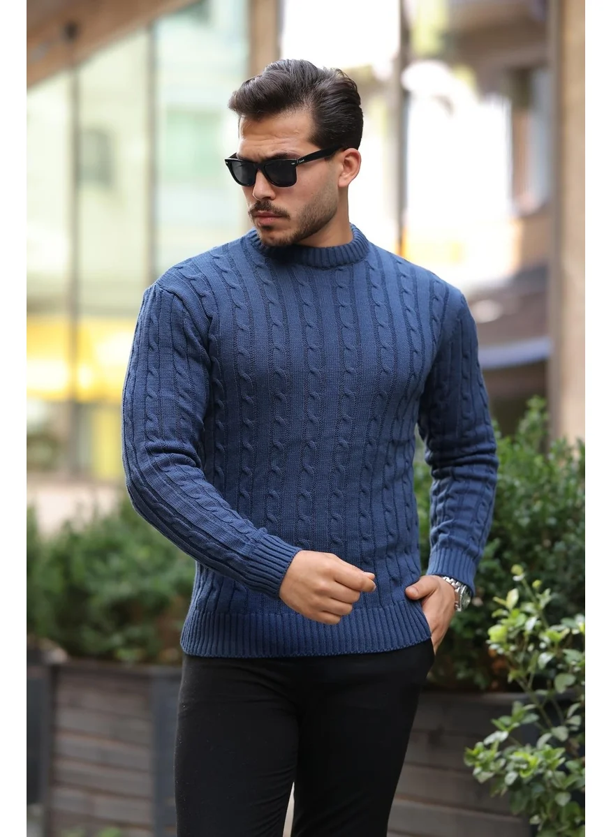 Valiberta Hair Knitted Crew Neck Men's Knitwear Sweater - Indigo