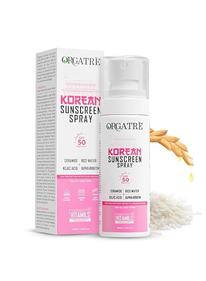 ORGATRE Korean Sunscreen Spray SPF 50 PA++++ for Men & Women, Rice Water & Ceramide, Ultra-Fine Mist, No White Cast, Makeup Friendly, Hydrating UV Protection, Travel-Friendly Sun Care, 50ml - Image 1