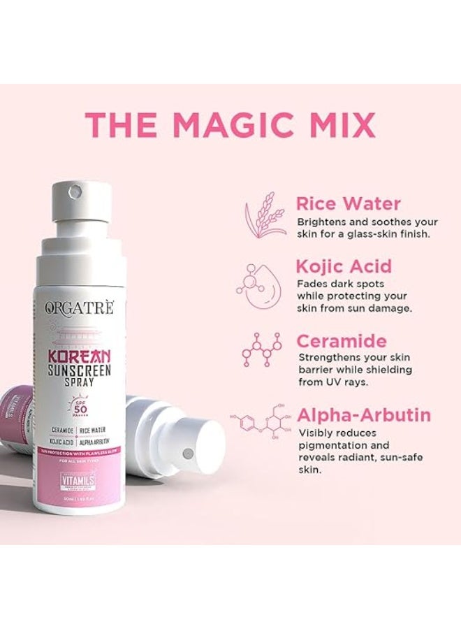 ORGATRE Korean Sunscreen Spray SPF 50 PA++++ for Men & Women, Rice Water & Ceramide, Ultra-Fine Mist, No White Cast, Makeup Friendly, Hydrating UV Protection, Travel-Friendly Sun Care, 50ml - Image 3