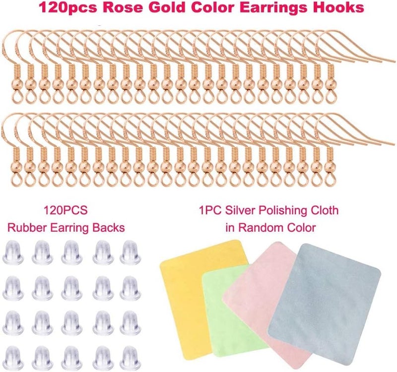 DIYEAR Rose Gold Earring Hooks - 120 PCS/60 Pairs Hypo-allergenic Rose Gold Plated Ear Wires Fish Hooks for Jewelry Making, Jewelry Findings Parts with 120 PCS Rubber Earring Backs Stopper for DIY Earrings - Image 2